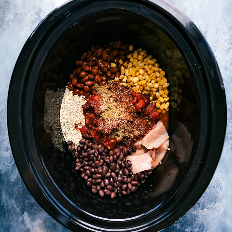 All ingredients for the warm and delicious meal in the slow cooker, ready to be cooked.