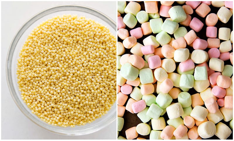 images of acini de pepe pasta and miniature marshmallows
