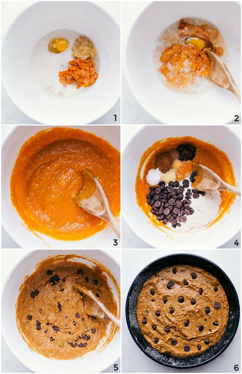 Process shots-- images of the cake batter being made showing the wet and the dry ingredients being made and mixed together and then the dough being put in the prepared tin