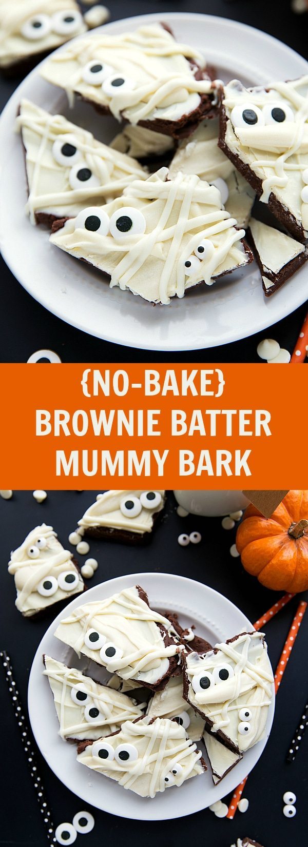 Great Halloween Treat - only 5 ingredients and NO baking required! Chocolate Brownie Batter Mummy Bark