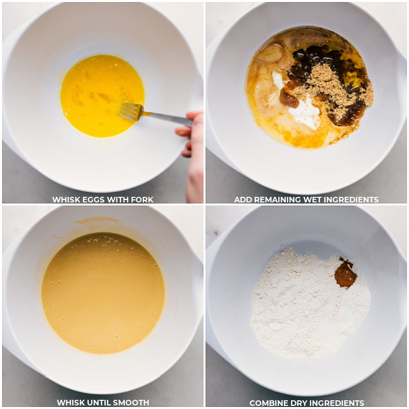 Wet and dry ingredients being mixed in separate bowls.