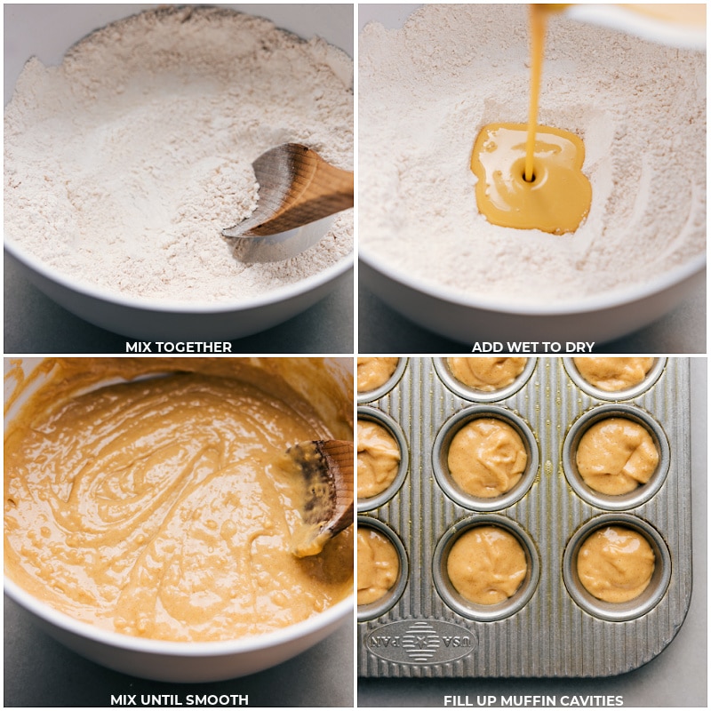 Process shots of Mini Muffins-- images of the wet and dry ingredients being mixed together and it all being added to the muffin tin