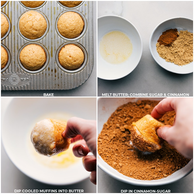 The breakfast being baked up and then dipped in cinnamon sugar.