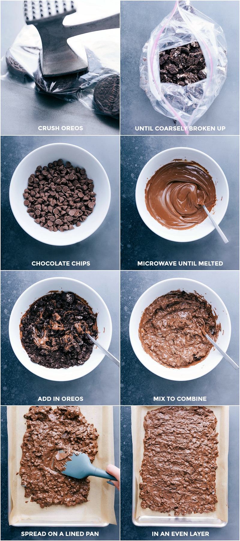 Preparing the festive and delicious dessert by crushing oreos until broken up, melting chocolate chips, and mixing them to combine, then spreading the mixture on a sheet pan in an even layer.