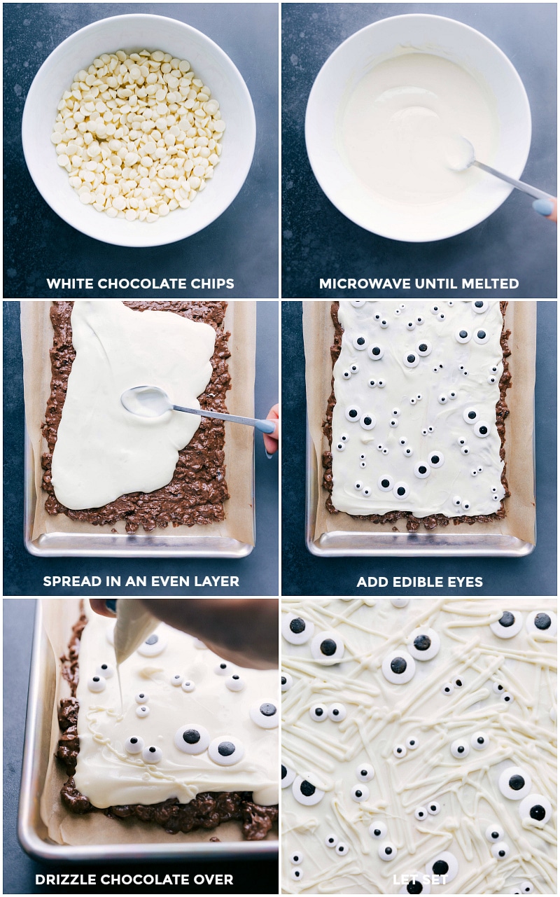 The final steps of decorating the mummy bark with melted white chocolate being poured over the chocolate oreo spread, adding candy eyes on top, and drizzling more white chocolate to create the appearance of bandages.