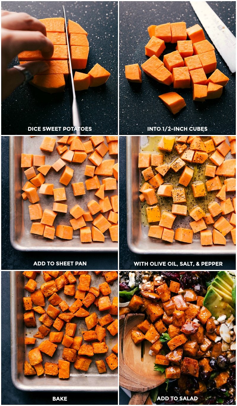 Process shots: dice sweet potatoes and toss with olive oil, salt and pepper; bake on a sheet pan and then add to the salad.