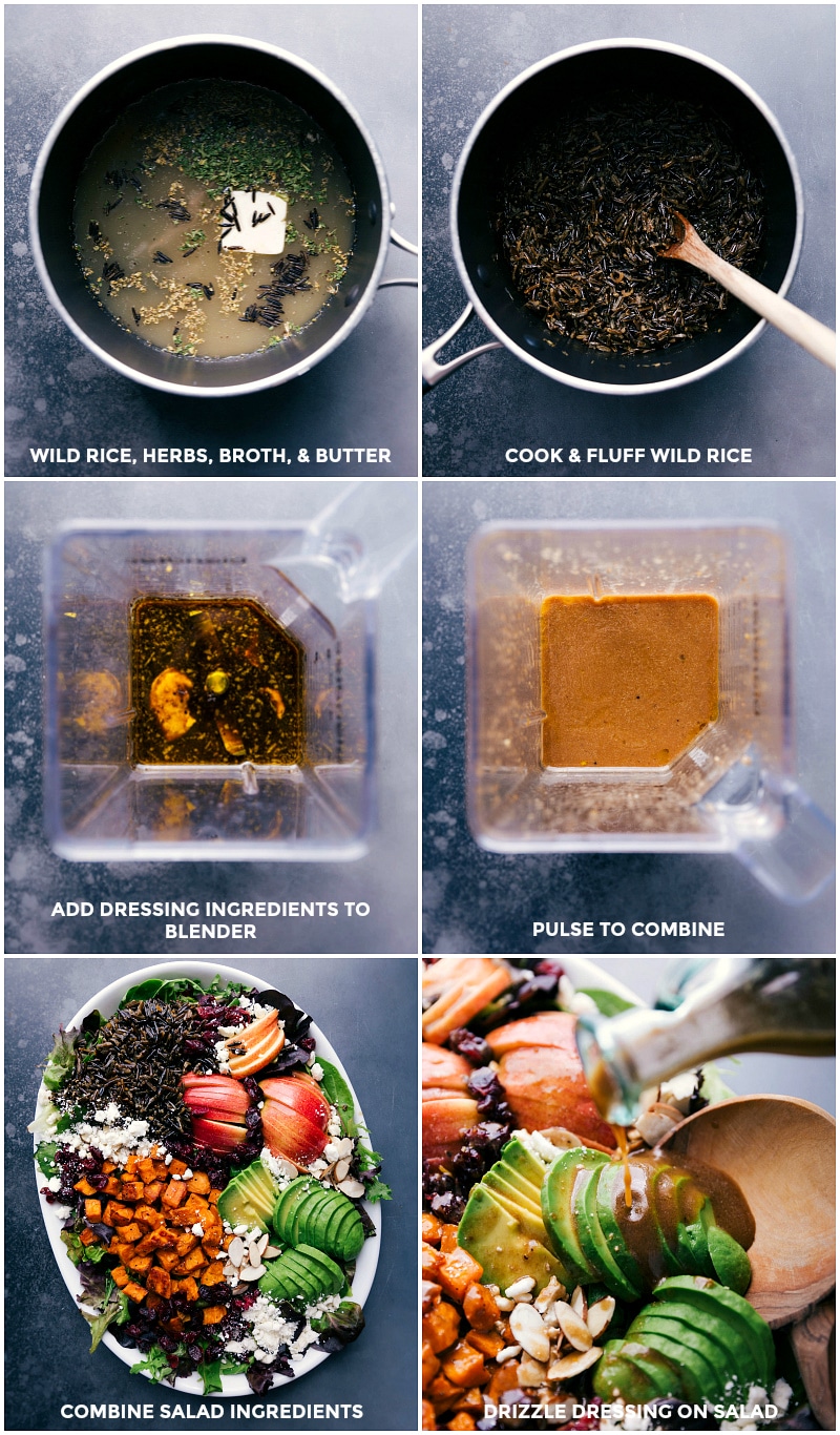 Process shots: combine wild rice, herbs, broth and butter; cook and fluff; make dressing by blending all ingredients; combine salad ingredients on a large platter; drizzle dressing over all.