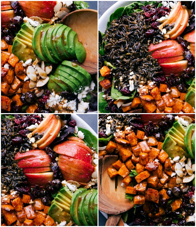 Overhead views of Roasted Sweet Potato Salad, showing the sliced avocados, wild rice and apples and of course, the roasted sweet potatoes.