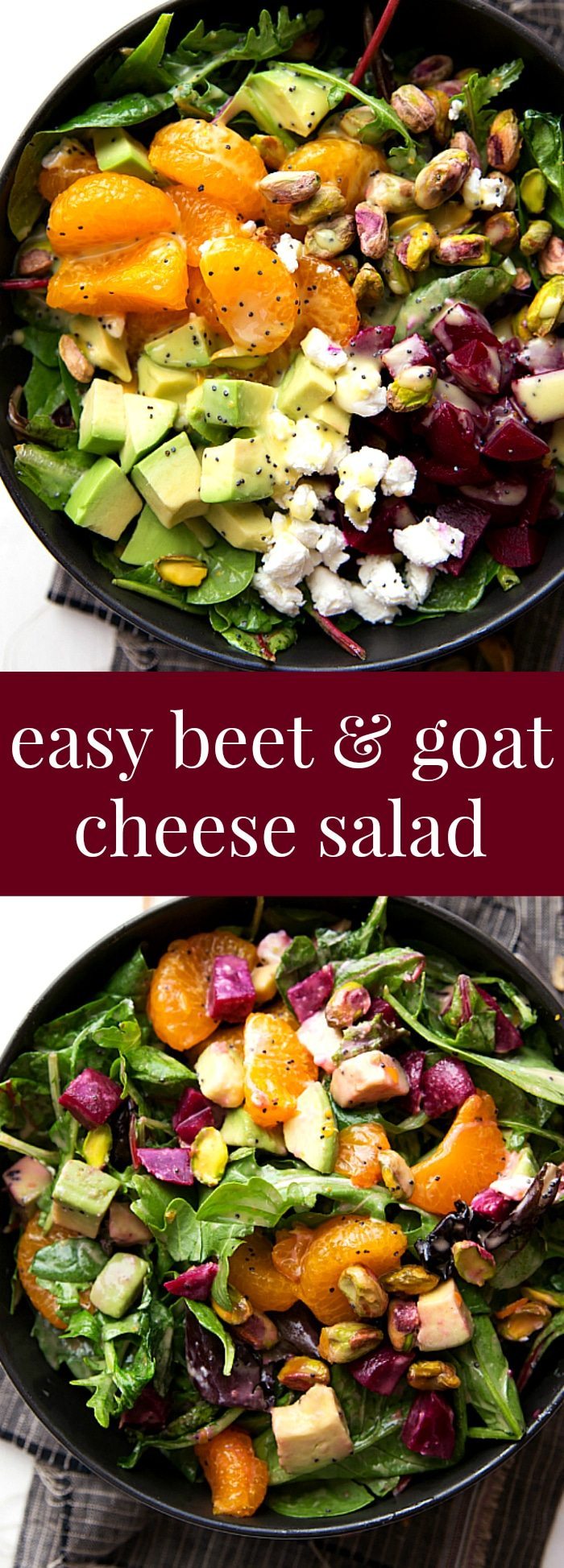 Super quick beet and goat cheese salad with a delicious orange honey poppyseed dressing -- perfect for Thanksgiving or Christmas!