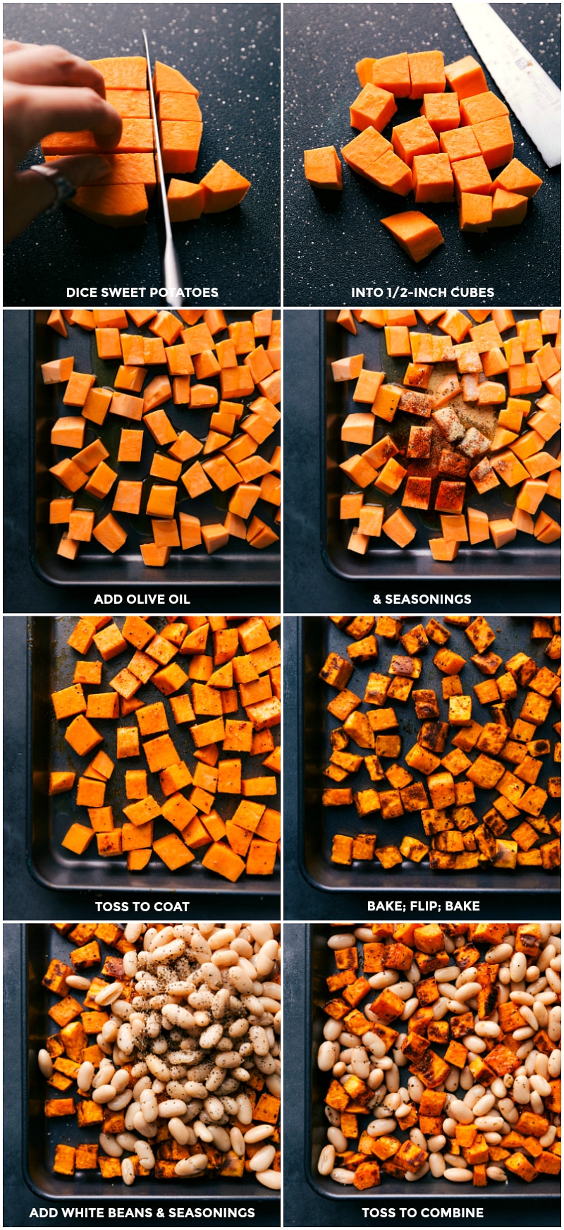 Process shots-- images of the sweet potatoes being cut and put on a tray to be roasted with seasonings, then the white beans being added on the freshly roasted sweet potatoes to warm through