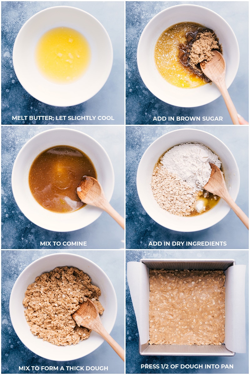 Process shots-- images of the oatmeal base layer being made and pressed into the prepared pan.