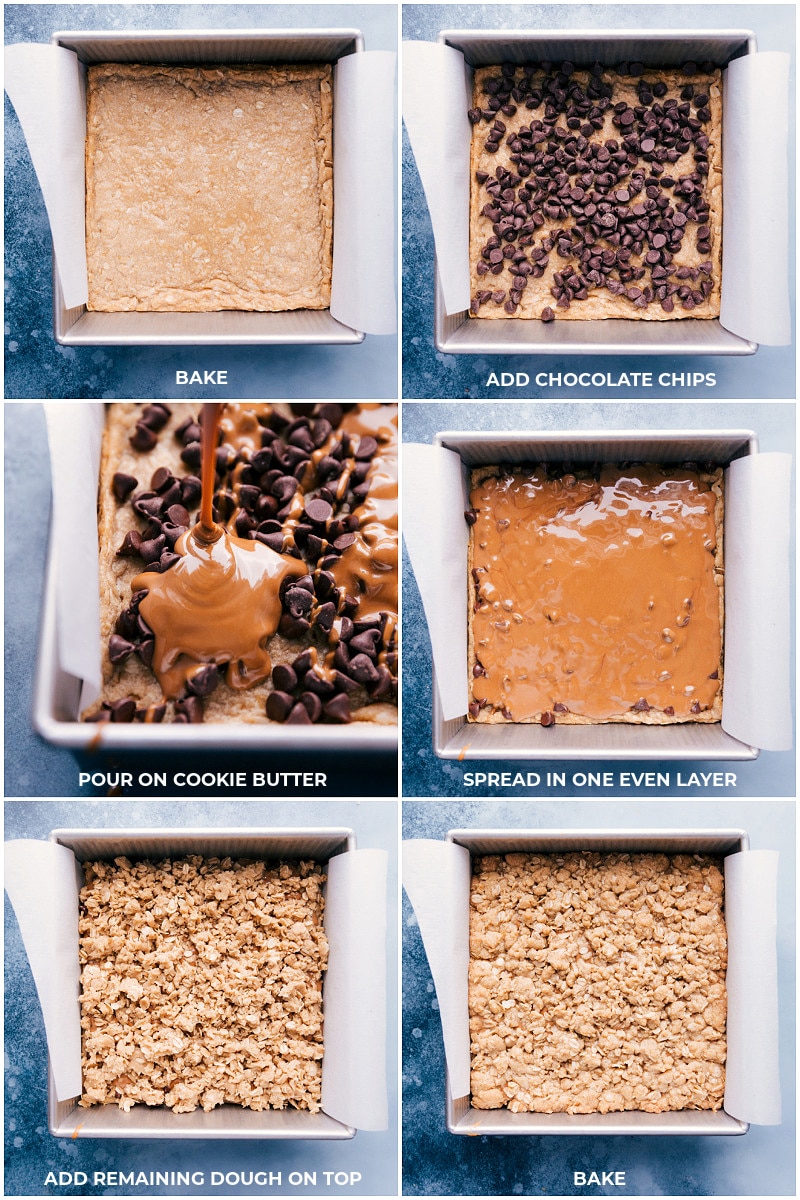 Process shots-- images of the chocolate chips being added to the baked oatmeal layer; cookie butter being poured on top of chocolate; and the remaining oatmeal dough being added on topped and baked.