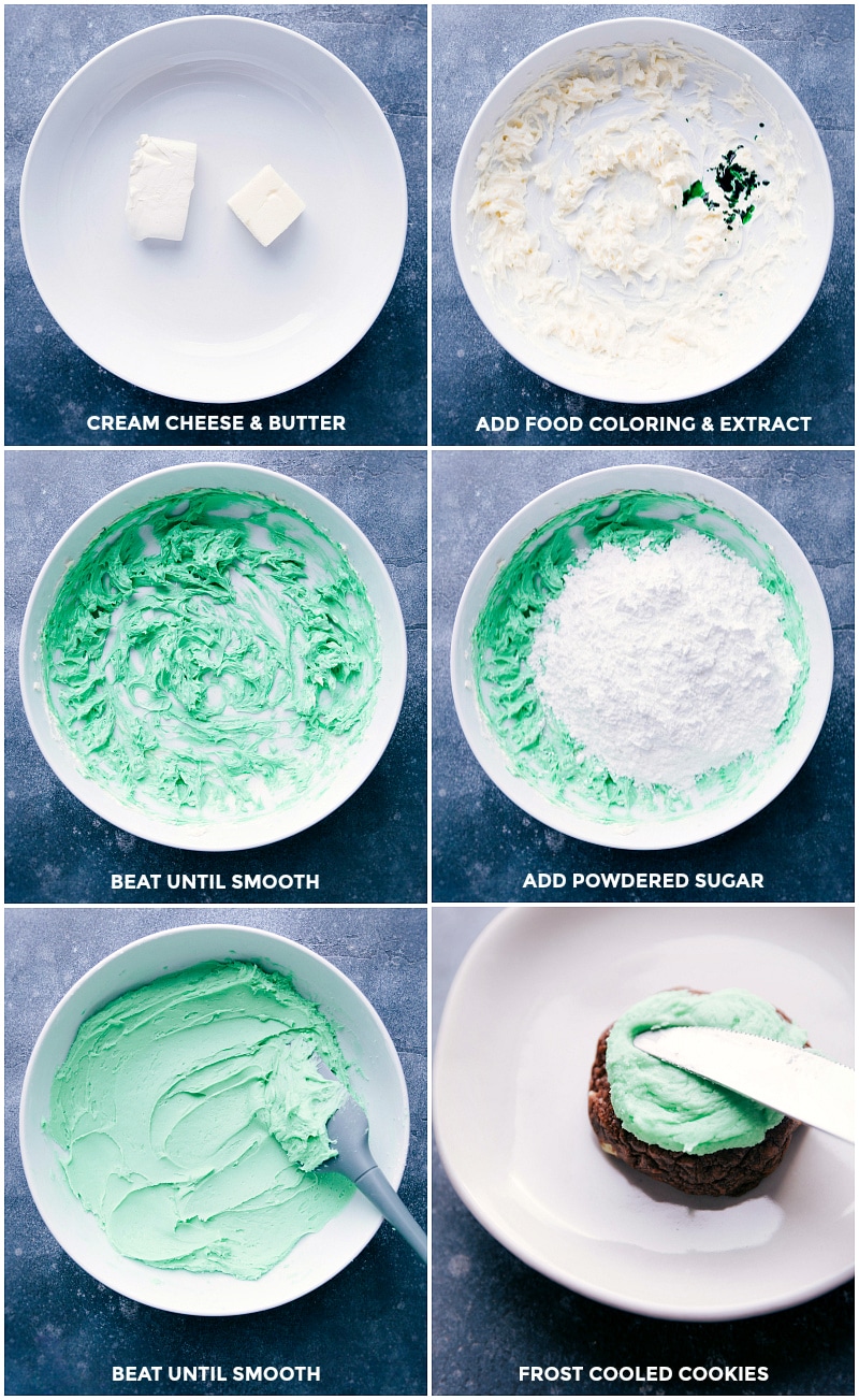 Process shots: Add food coloring and extract to cream cheese and butter; beat until smooth; add powdered sugar; beat until smooth; spread on the cookies.