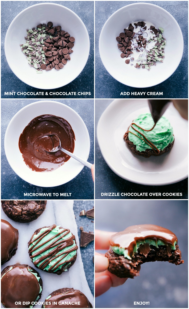 Process shots: make the mint ganache drizzle by placing mint chocolate and chocolate chips in a bowl; add heavy cream; microwave to melt; drizzle over cookies or dip in ganache.