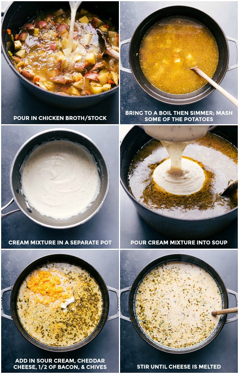 Chicken broth and cream mixture being poured and stirred into a pot, followed by the addition and mixing of sour cream, cheese, bacon, and chives.