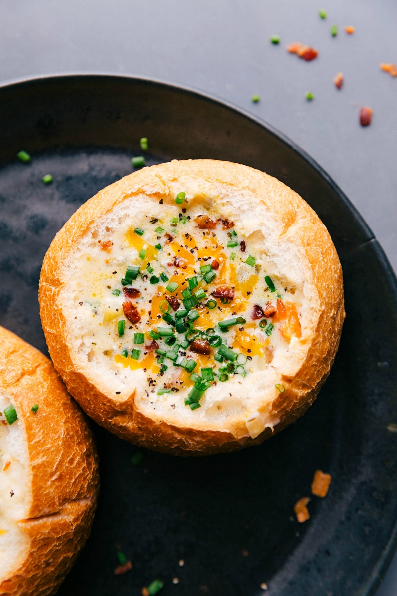Overhead image of the potato soup in a bread bowl