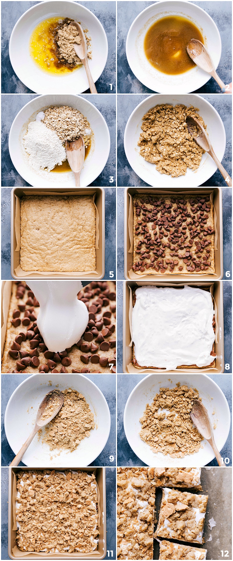 Crafting s'mores cookie bars, from creating the cookie layer to adding chocolate chips, marshmallow fluff, and the crumble topping, displaying the finished bars.