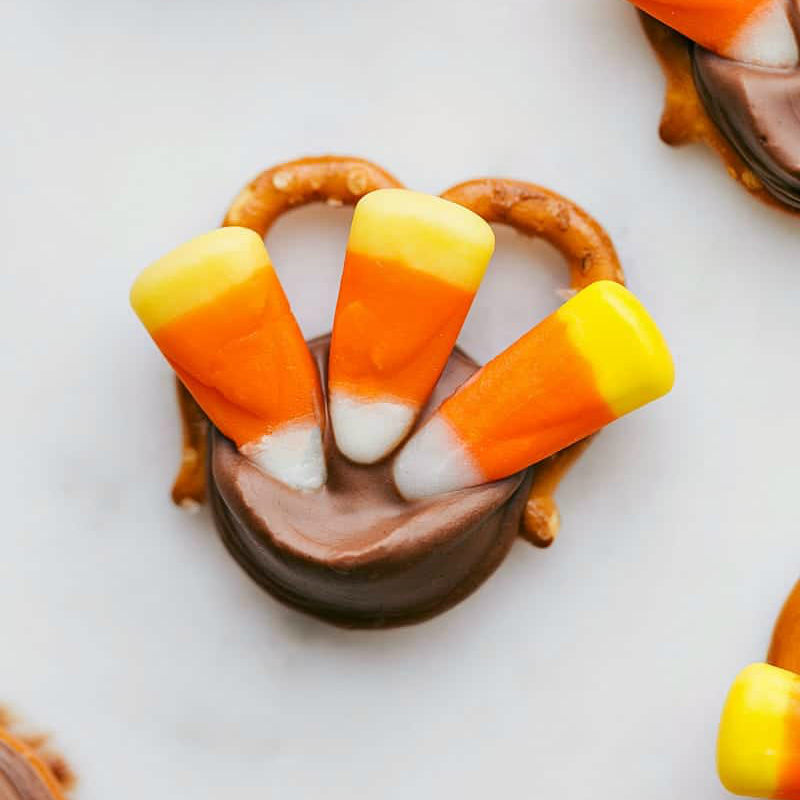 Up-close overhead image of the turkey pretzel treat.