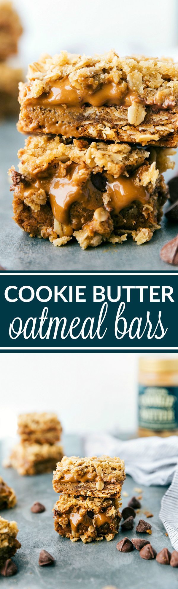 Simple-to-make oatmeal bars with a gooey cookie butter (biscoff) and milk chocolate chip center. These cookie butter oatmeal bars are sure to be a huge hit! These bars are like the famous Carmelitas, but with COOKIE BUTTER instead! via chelseasmessyapron.com