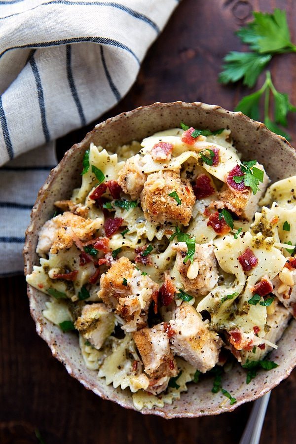 baked chicken alfredo over pesto pasta