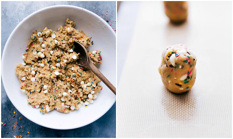 Dough being shaped into tall balls, with white chocolate chips and sprinkles scattered throughout, ready for baking.