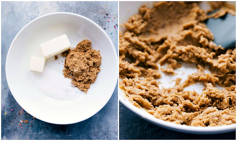 Creaming butter and sugars together in a bowl, capturing the initial step in preparing the dough.