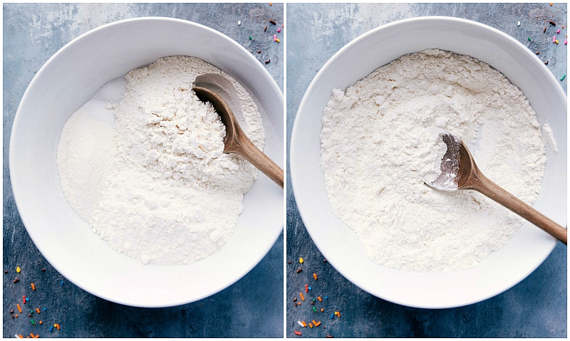 Process shot-- image of all the dry ingredients in a bowl for these Cake Batter Cookies.