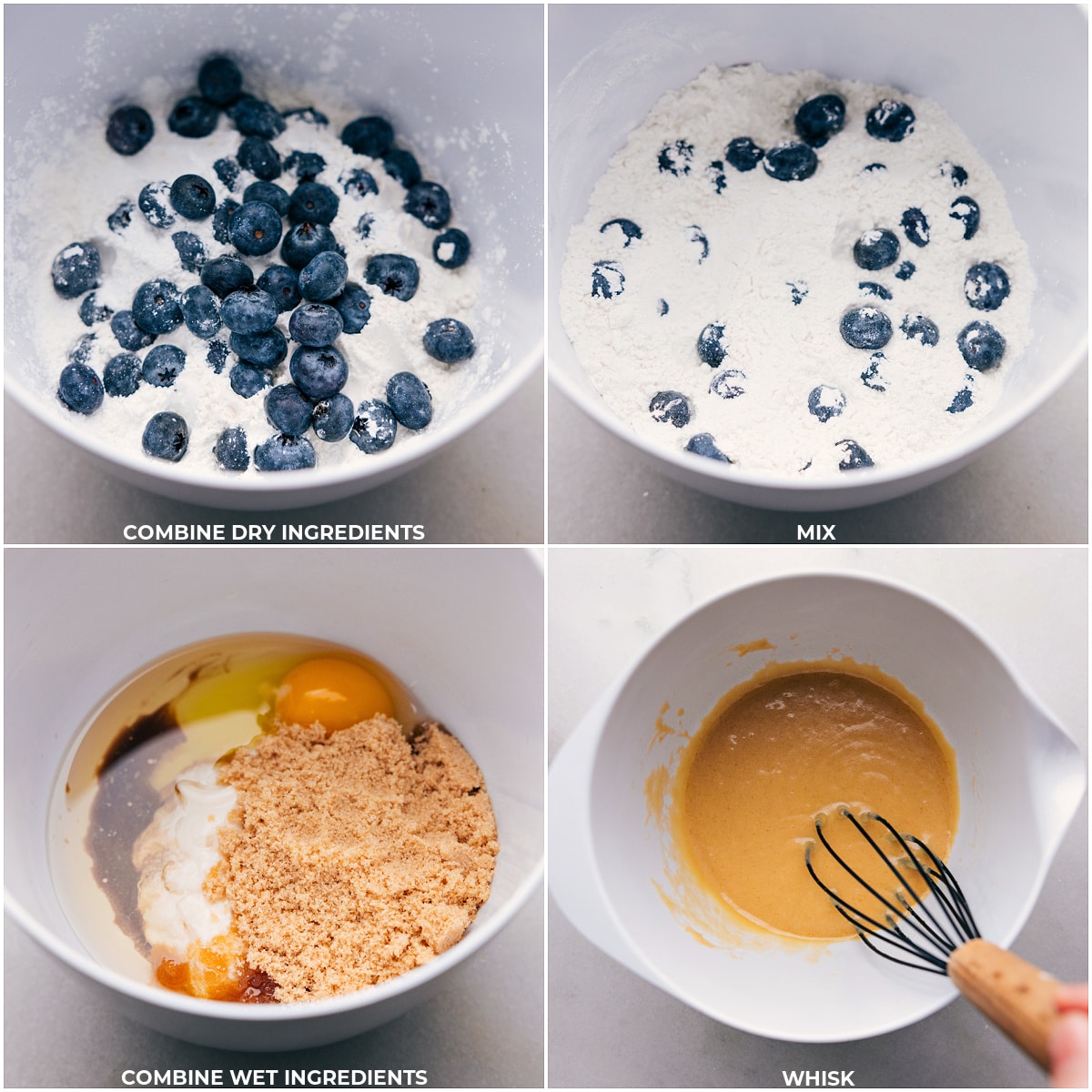 Dry ingredients being mixed together and the wet ingredients being mixed together for these healthy blueberry muffins.