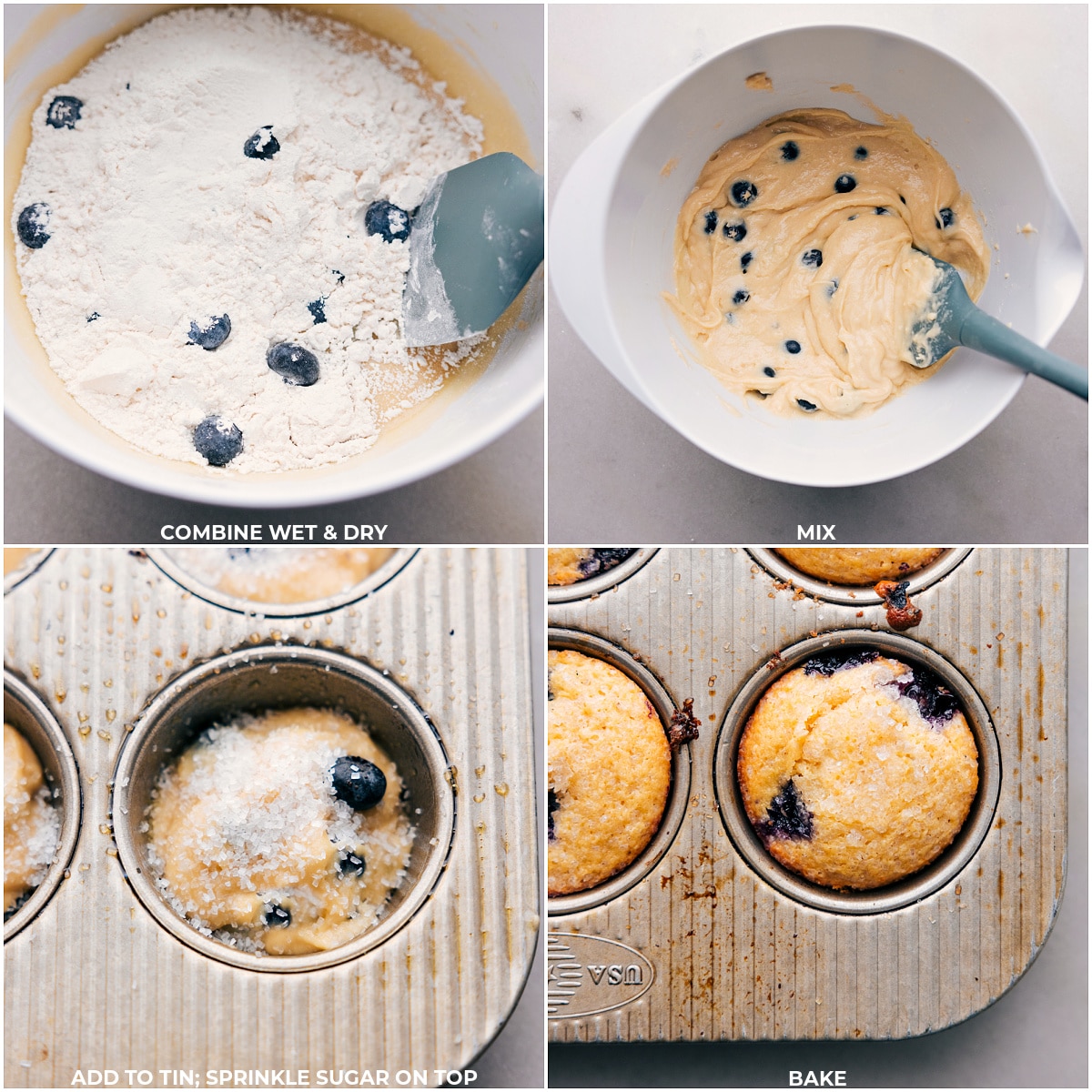 Dry and wet ingredients being mixed together and baked in a muffin tin.