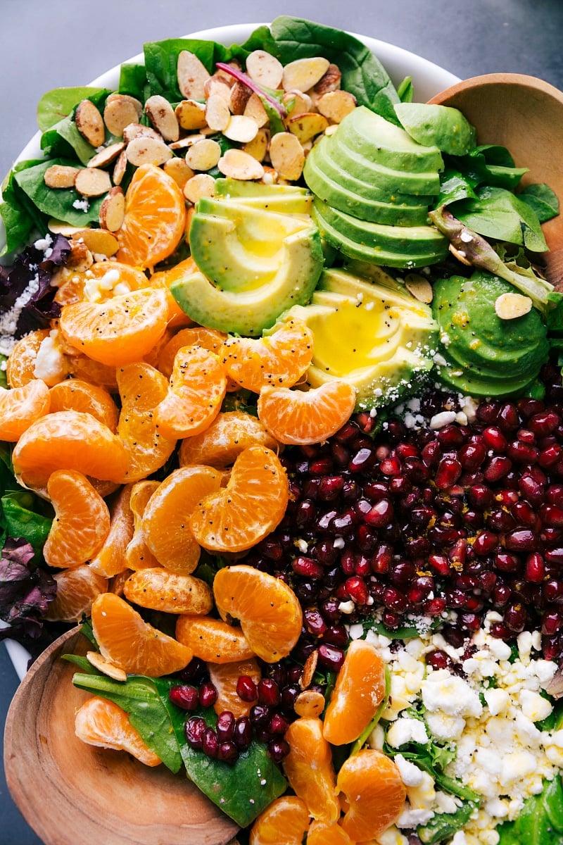 Overhead image of Orange Pomegranate Salad dressed and ready to be served.