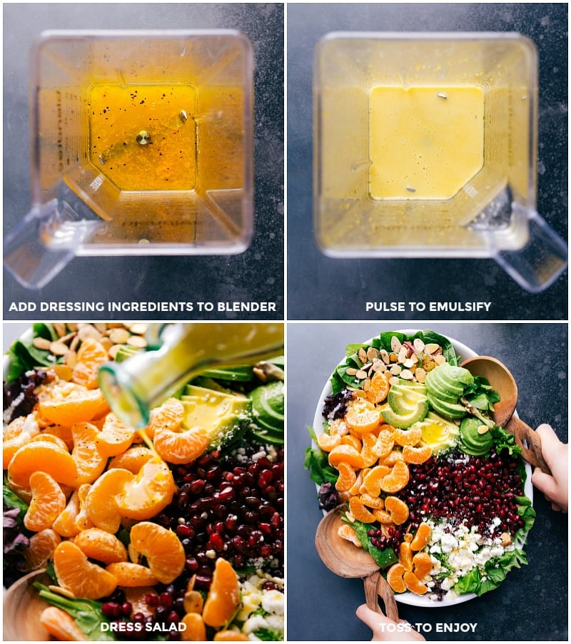 Process shots-- images of the dressing being made and then being poured over the salad.