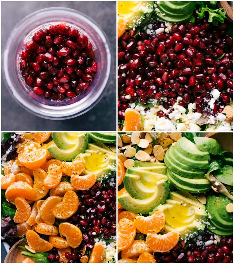 Pomegranate seeds, orange slices, and avocado pieces being carefully added to a fresh salad.