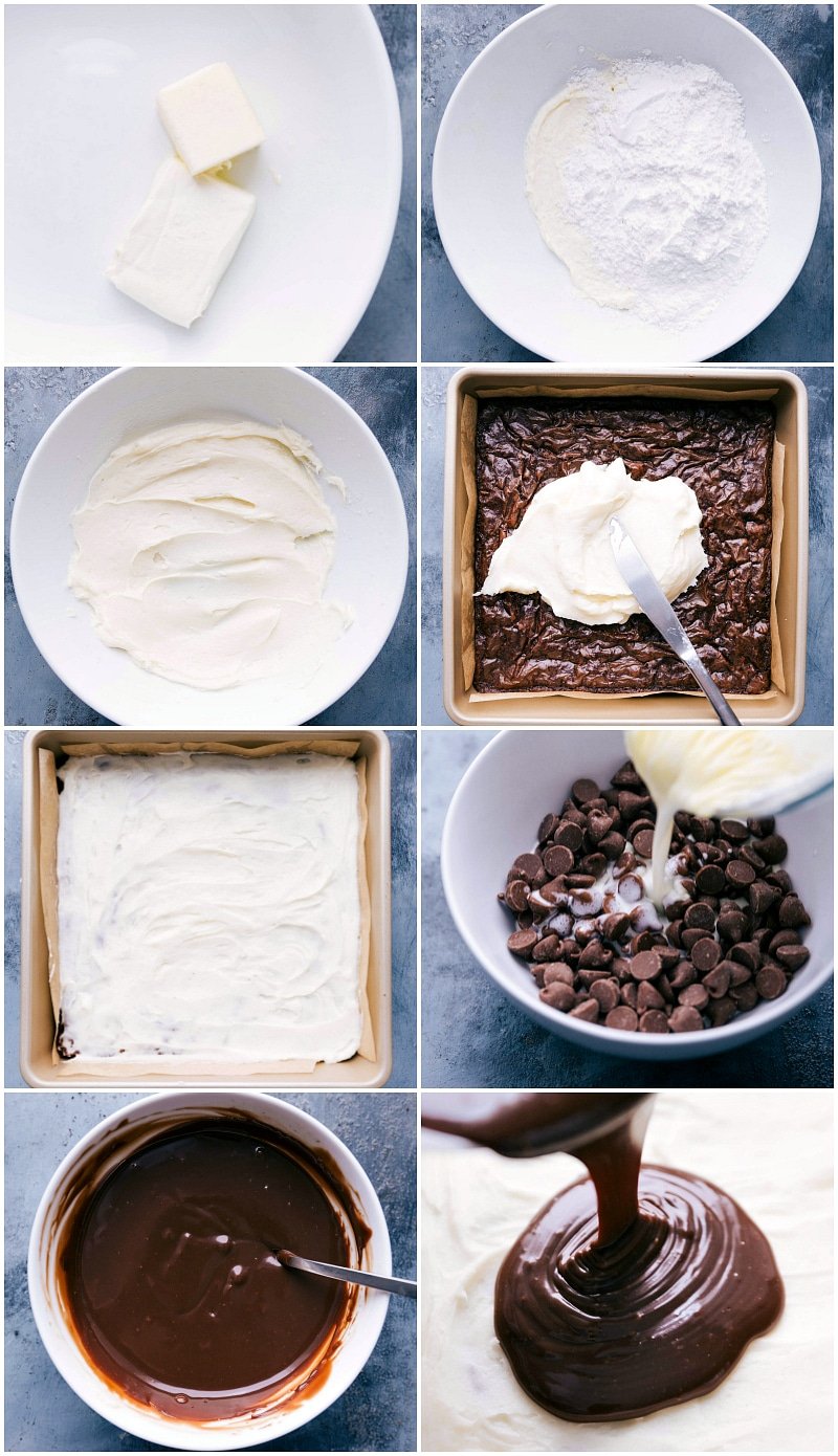 Peppermint frosting being skillfully prepared and a smooth chocolate layer poured on top for the peppermint brownies.