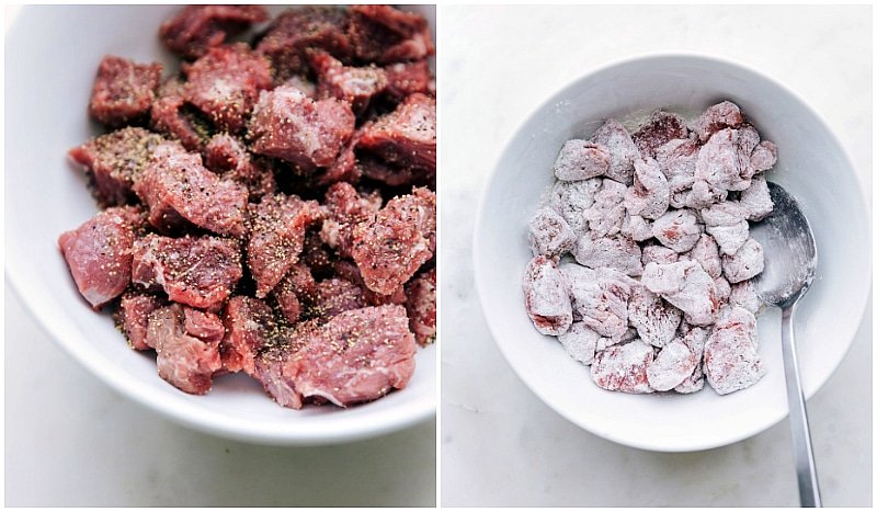 Beef being seasoned with spices and then coated with flour.