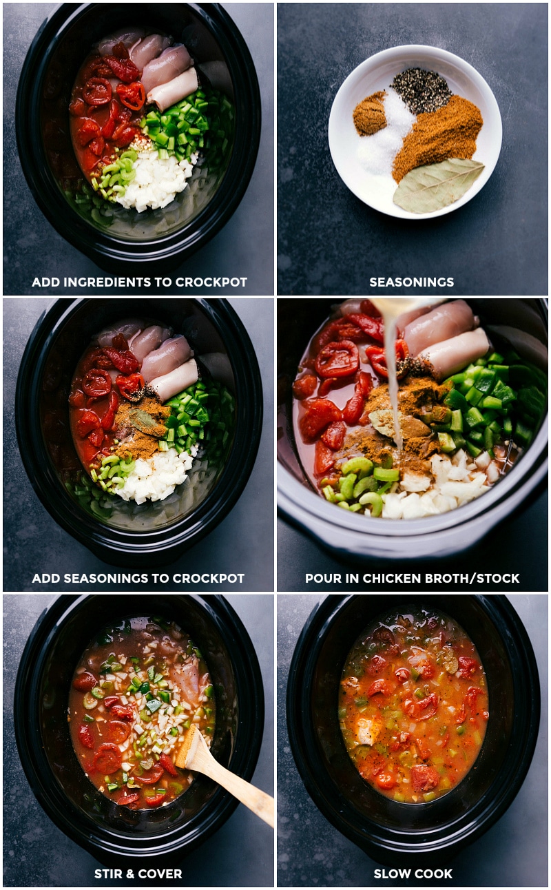 Combining ingredients in a slow cooker, stirring together before cooking begins.