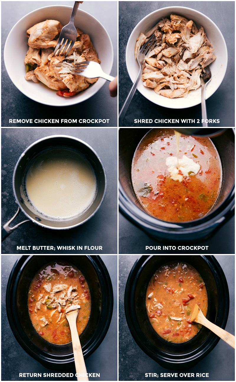 Chicken being lifted from a slow cooker to shred, cream sauce preparation and whisking, and chicken returned to the pot.