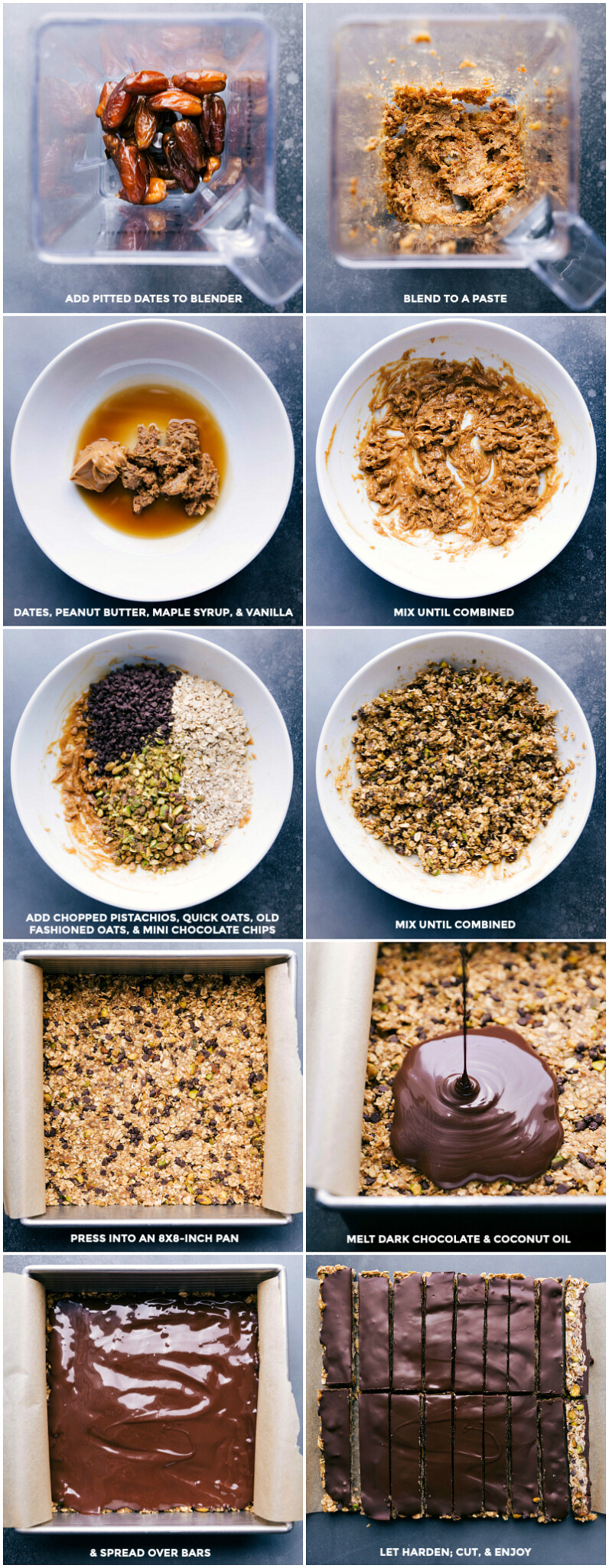 Blending dates, mixing all other ingredients in a bowl, laying out in pan and pouring melted chocolate on top, cooling, and cutting up.