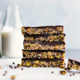 Granola bars stacked on top of each other, representing a delicious and healthy snack.