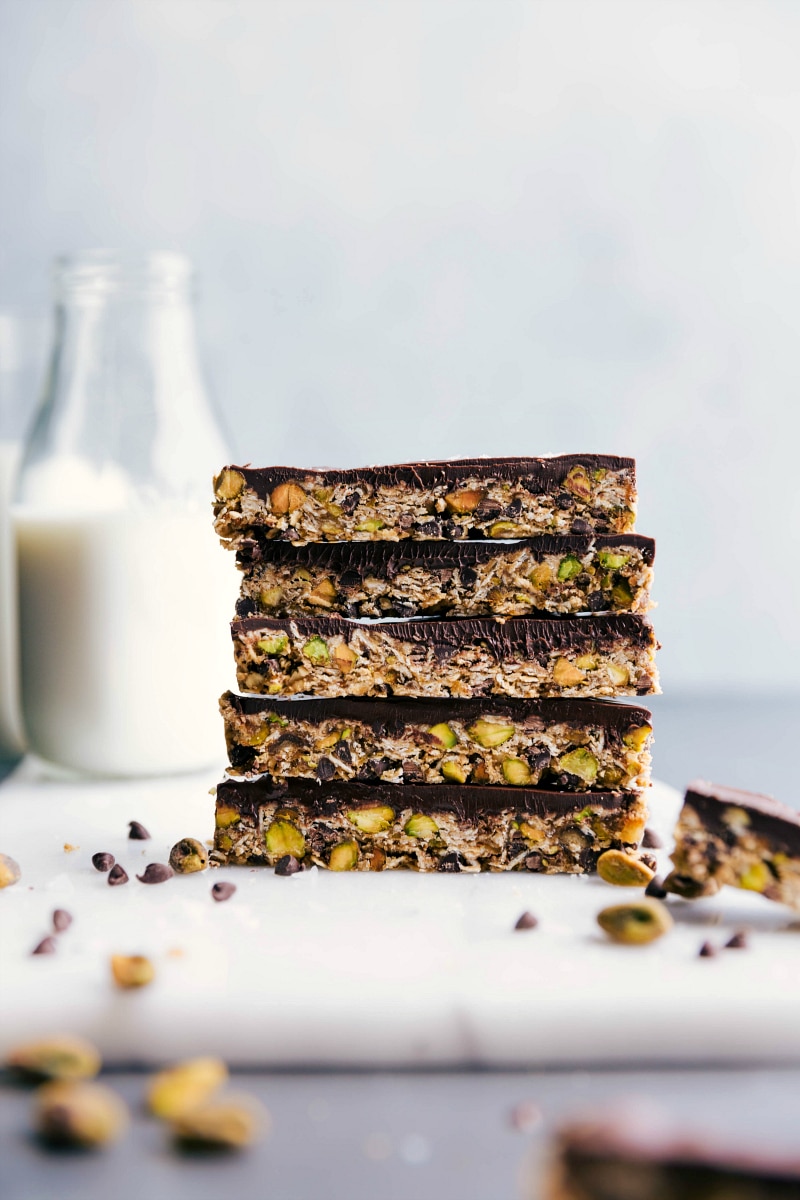 Granola bars stacked on top of each other, representing a delicious and healthy snack.