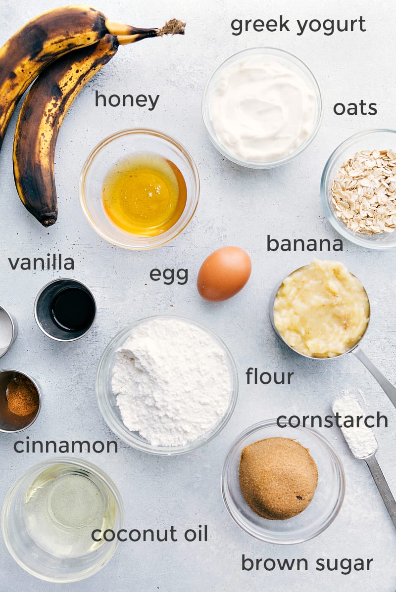 Ingredients used in the recipe for banana bread with greek yogurt.