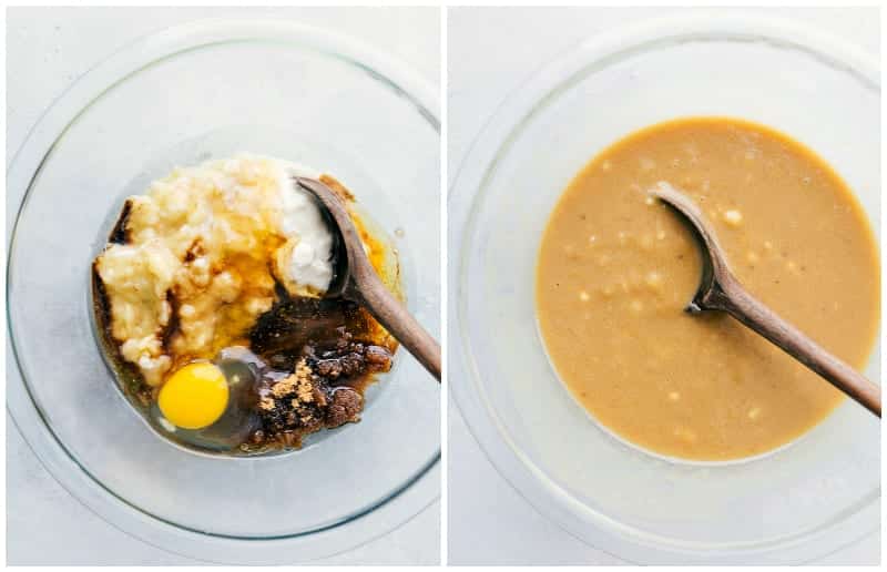 Overhead shots of the process of making Banana Bread With Greek Yogurt: mixing wet ingredients together.