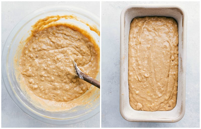 Bowl of banana bread batter and batter in a baking pan.