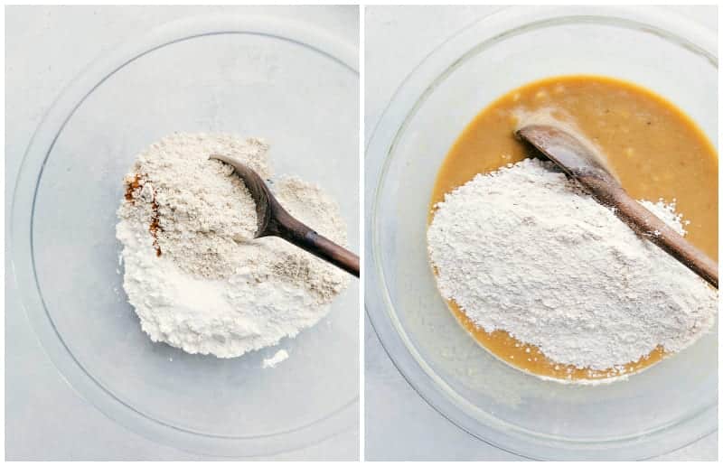 Overhead shots showing the process of making Banana Bread With Greek Yogurt: mixing dry ingredients together.