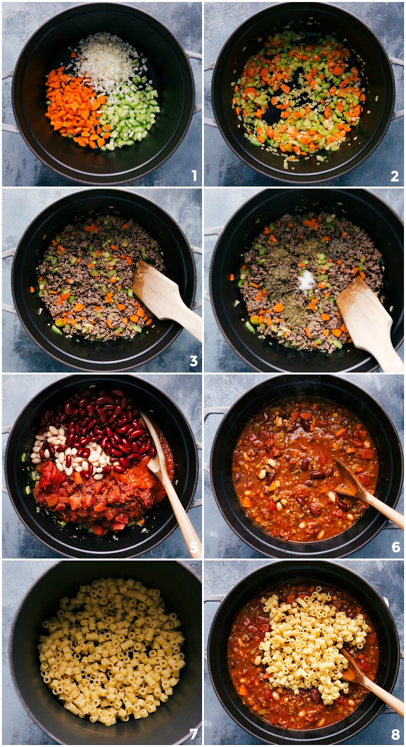 Overhead image of the ingredients going in a pot and being cooked together to make Pasta e Fagioli.