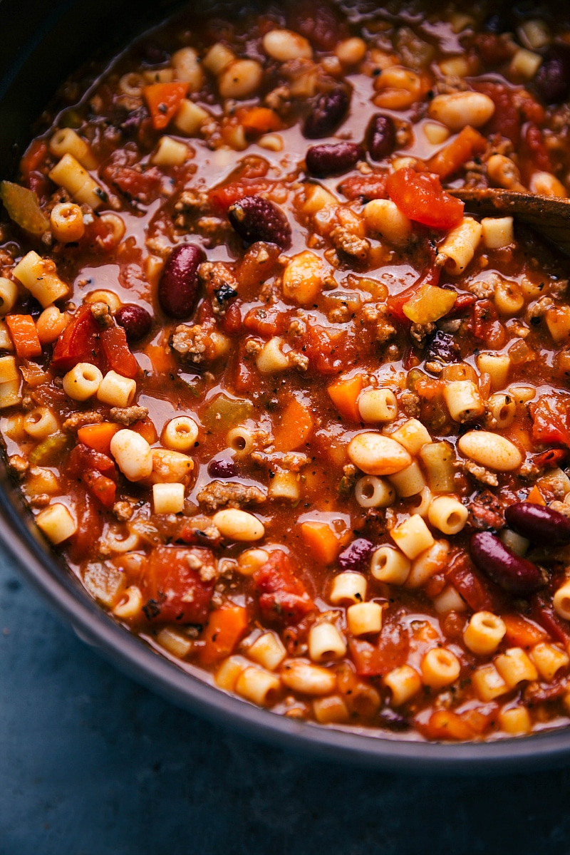 Overhead up-close image of Pasta e Fagioli soup in the pot.