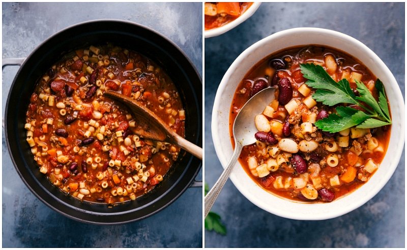 Finished soup simmering in a pot and served in a bowl ready to eat.