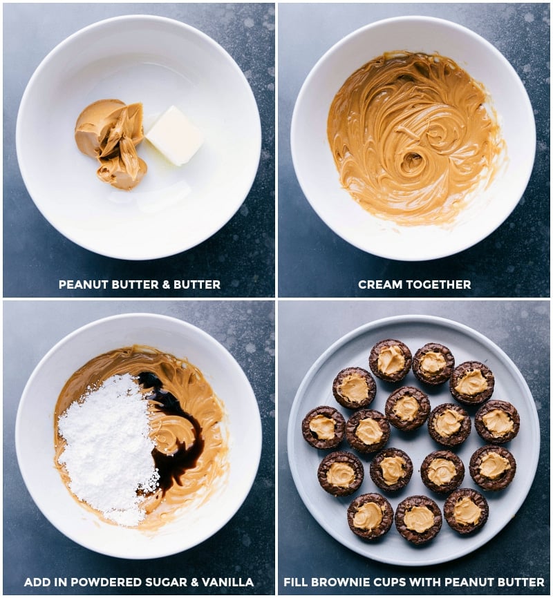 Process shots: Cream the peanut butter and butter; add in powdered sugar and vanilla and mix well; fill brownie cups with the peanut butter mixture.