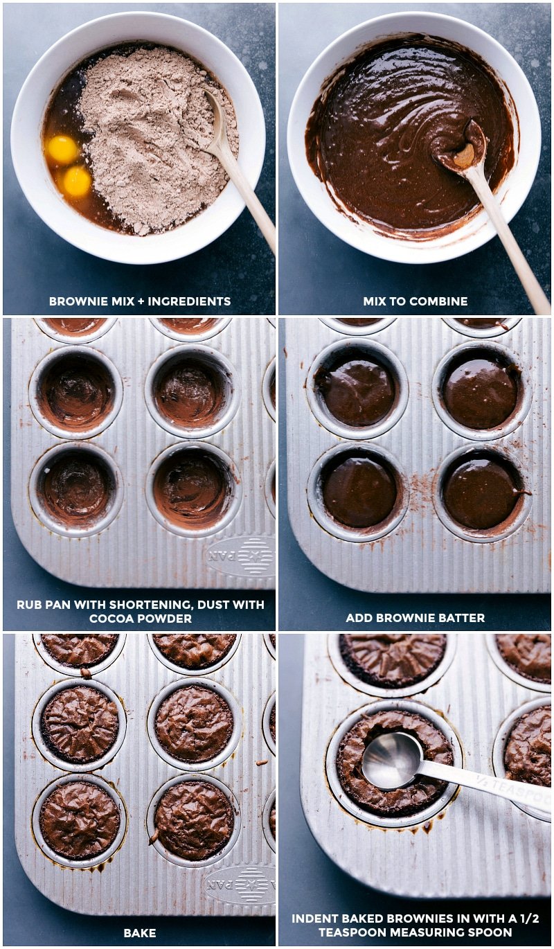 Bowl with brownie mix and other ingredients being combined, pan greased and dusted with cocoa powder, batter added to the pan, baked, and an indent created in each hot brownie.