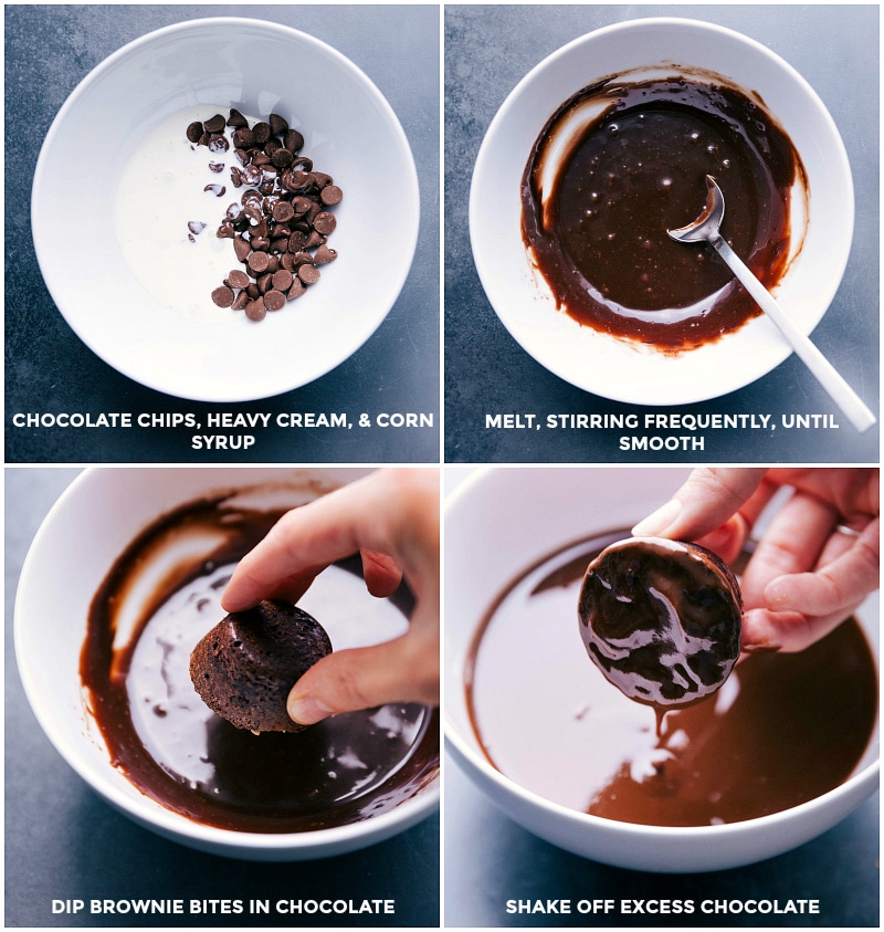 Process shots: combine chocolate chips, heavy cream and corn syrup. Heat and stir frequently until melted and smooth; dip brownie bites in chocolate; shake off excess.