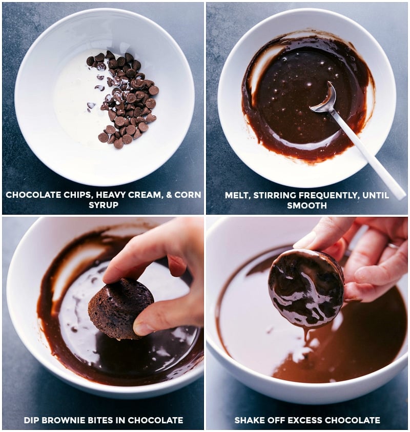 Combining chocolate chips, heavy cream, and corn syrup, heating and stirring until melted and smooth, then dipping the bites in chocolate and shaking off excess.